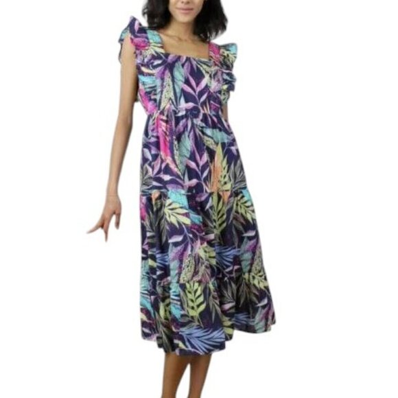 beachlunchlounge Alicia Midi Dress Sz XS Tropical Flutter Sleeve Tie Back Cutout - Picture 1 of 10